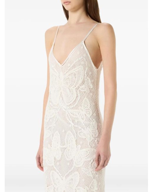 Blumarine White Butterfly-Motif V-Neck Maxi Dress