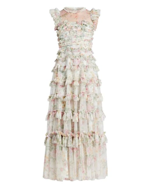 Needle & Thread Natural Floral-Print Tiered Ruffle Dress