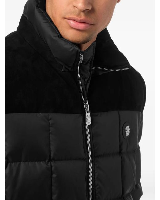Billionaire Black Quilted Suede-Panel Puffer Jacket for men