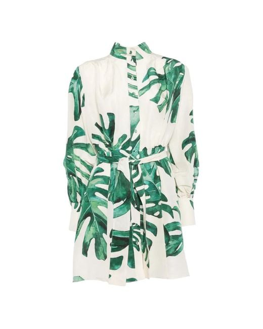 Raquel Diniz Green Marella Leaf-Print Belted Mini Dress