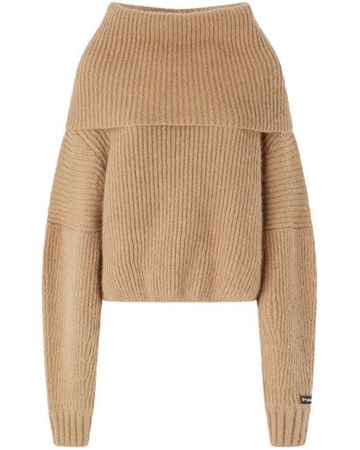 Pinko Natural Off-The-Shoulder Knitted Sweater With Ribbed Texture