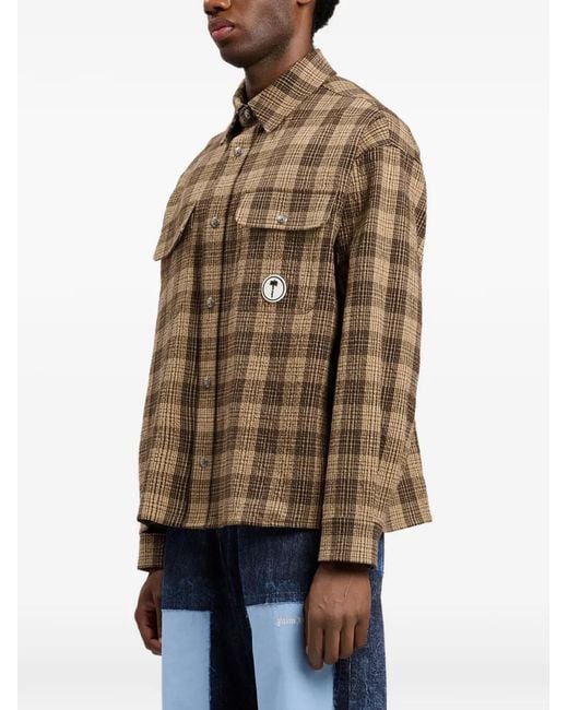 Palm Angels Natural Logo-Patch Checked-Pattern Shirt for men
