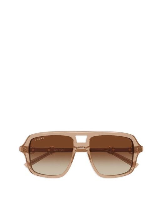 Gucci Brown Horsebit-Detail Geometric-Frame Sunglasses
