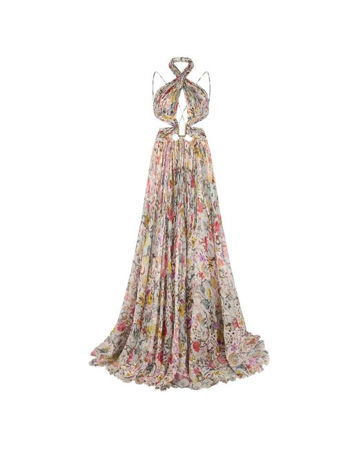 Roberto Cavalli Natural Floral-Print Halterneck Maxi Dress