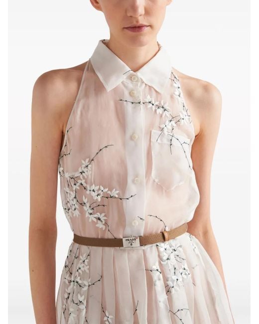 Prada White Floral-Embroidered Silk Midi Dress