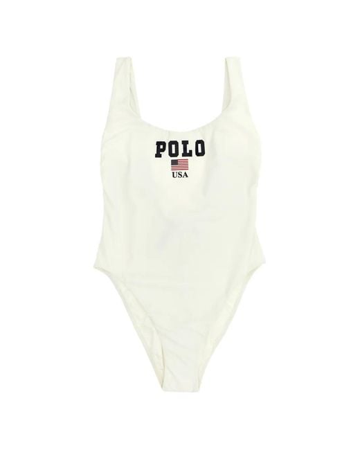 Polo Ralph Lauren White Polo Logo-Print Swimsuit