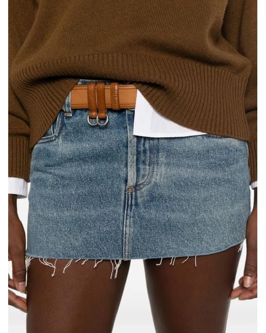Miu Miu Blue Logo-Patch Frayed-Hem Mini Denim Skirt