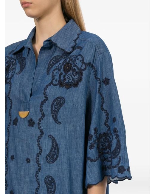 Zimmermann Blue Paisley-Embroidered Scalloped-Edge Dress