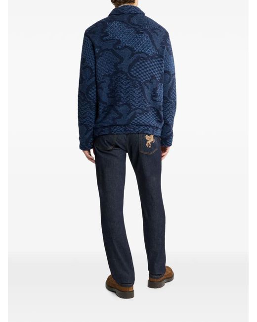 Etro Blue Veste Overshirt En Laine Mélangée À Motifs for men
