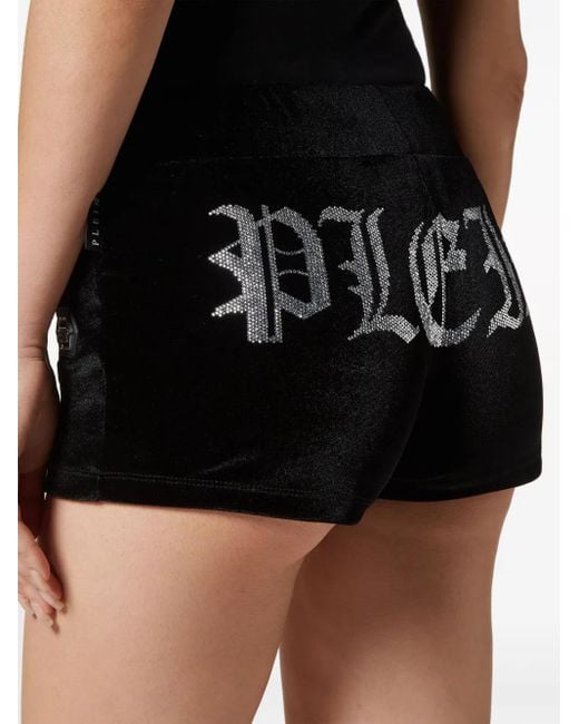 Philipp Plein Black Gothic Plein-Print Velvet Shorts