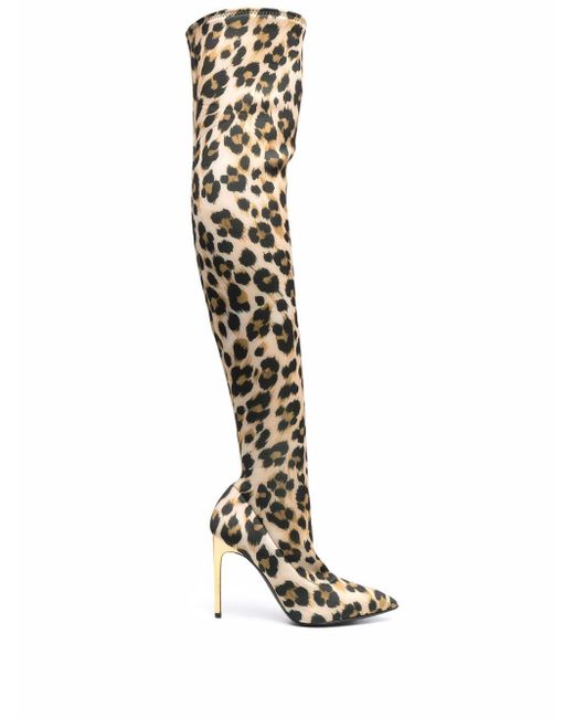 Moschino Leopard Print Thigh High Boots in Brown | Lyst