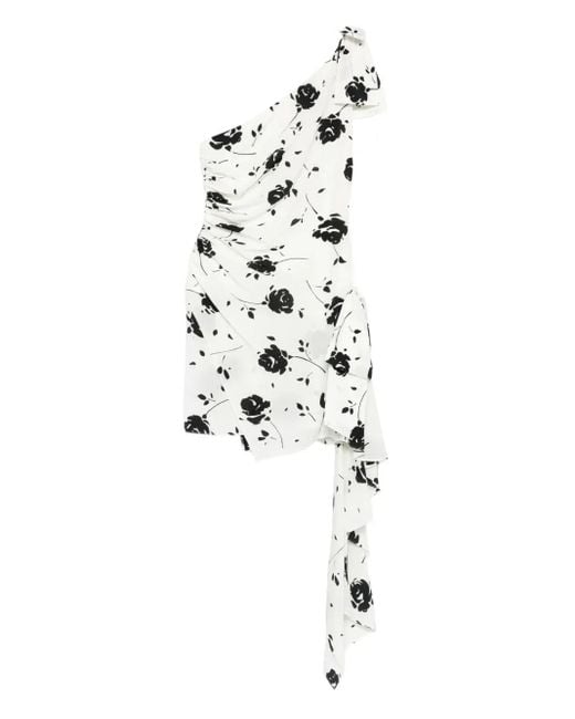 Alessandra Rich White Floral-Print One-Shoulder Dress