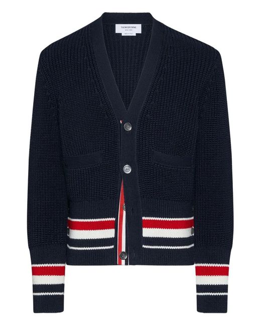 Thom Browne Blue Button-Fastening V-Neck Cotton Cardigan for men