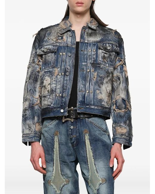 THUG CLUB Blue Hard-Washed Distressed Denim Jacket for men
