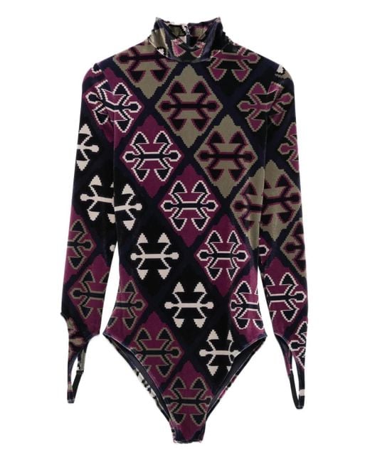 Burc Akyol Blue Geometric-Print Velvet Bodysuit