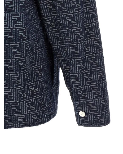 Fendi Blue Monogram-Pattern Shirt Jacket for men