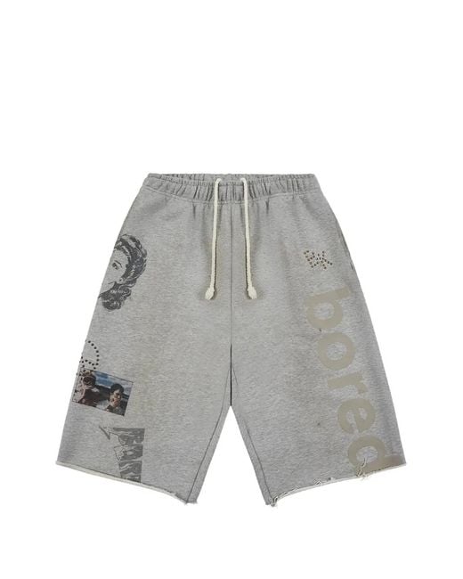 Boredom Kills Gray Graphic-Print Stud-Embellished Shorts for men