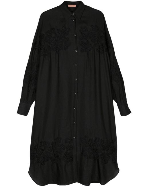Ermanno Scervino Black Floral-embroidered Linen Shirt Dress