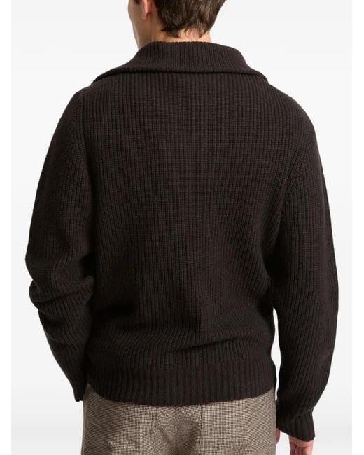 Yves Salomon Black Zip-Front Ribbed-Knit Sweater for men