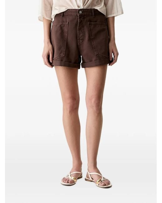 Haveone Brown Patch-Pocket Turn-Up Shorts