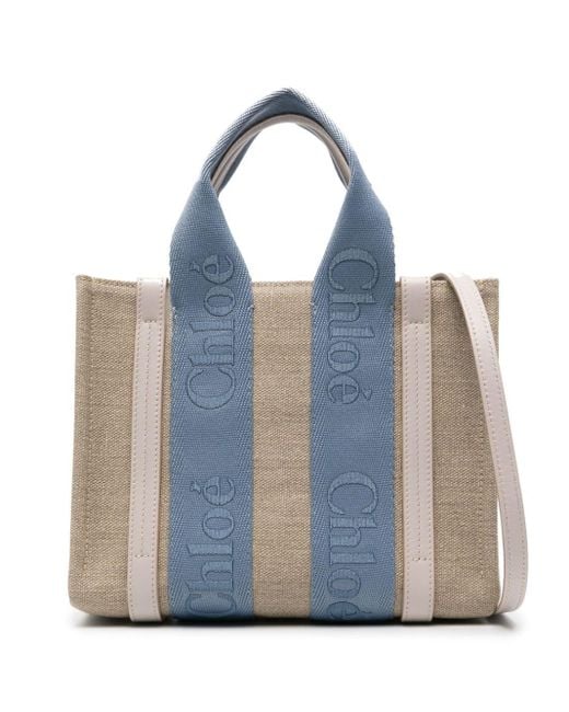 Chloé Blue Small Woody Linen Tote Bag