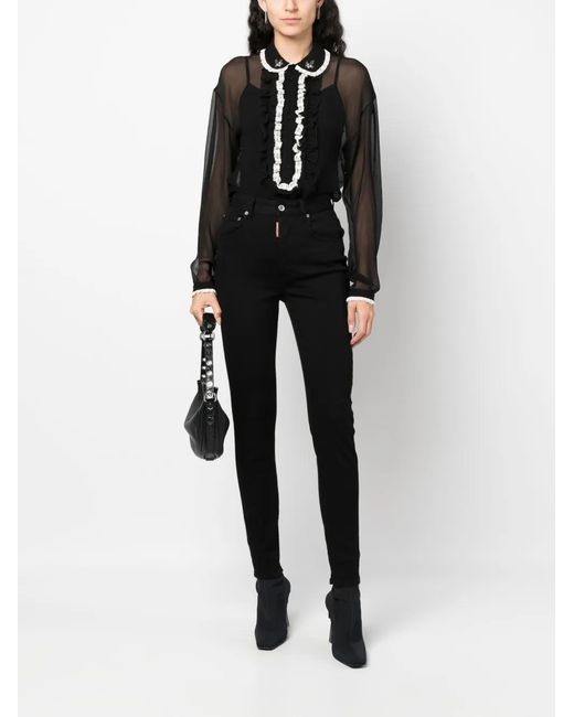 DSquared² Black Ruffled Sheer Silk Blouse