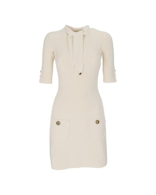 Elisabetta Franchi Natural Bow-Detail Ribbed-Knit Mini Dress