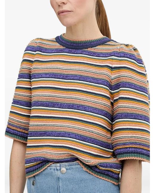 Ba&sh Blue Puff-Sleeve Striped T-Shirt