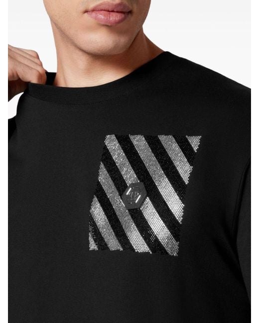 Philipp Plein Black Rhinestone-embellished Striped T-shirt for men