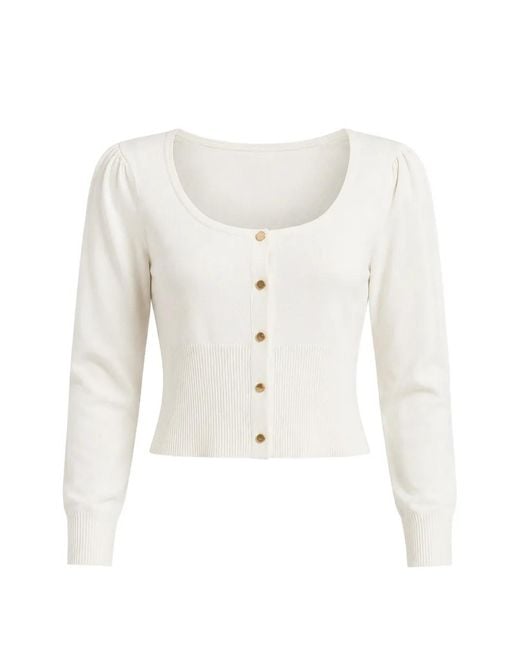 Fracomina White Puff-Sleeve Ribbed-Hem Cardigan