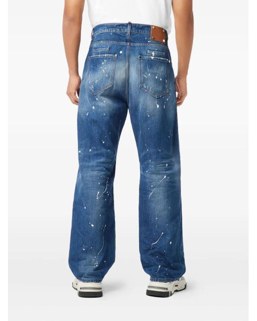 Philipp Plein Blue Beach Boy Fit Paint-Splatter Distressed Jeans for men