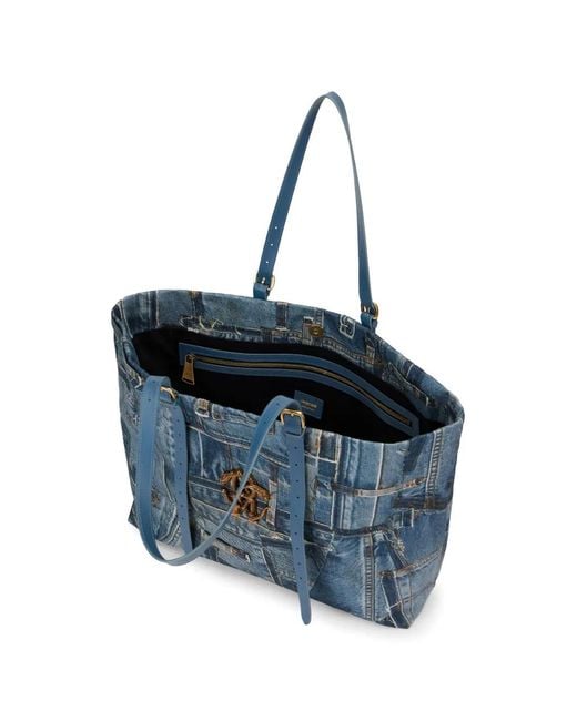 Roberto Cavalli Blue Denim-Patchwork Snake-Monogram Tote Bag