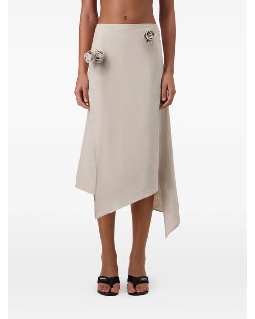 Coperni White Asymmetrical Linen Midi Skirt With 3D Flower Applique On The Front