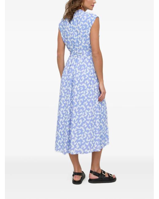 Boss Blue V-Neck Feather-Print Midi Dress