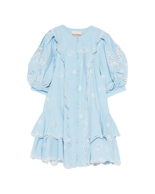 ALÉMAIS Blue Maizy Embroidered Puff-Sleeves Mini Dress