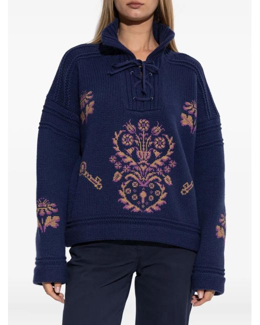 Etro Blue Lace-Up Embroidered Sweater