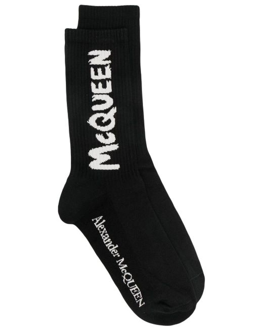 Alexander McQueen Black Logo-intarsia Ribbed Socks for men