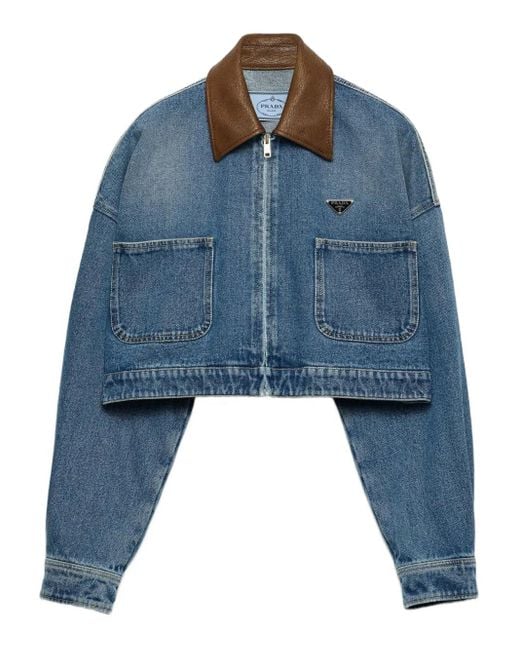 Veste En Jean À Col En Cuir Prada en coloris Blue