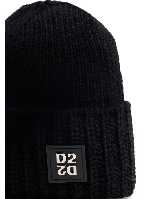 DSquared² Black D2 Upside Down Knit Beanie for men