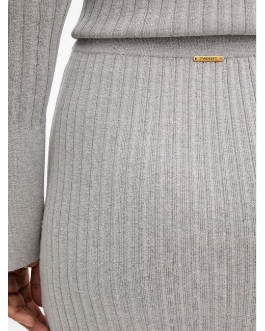 Twinset Gray Ribbed Front-Slit Midi Skirt