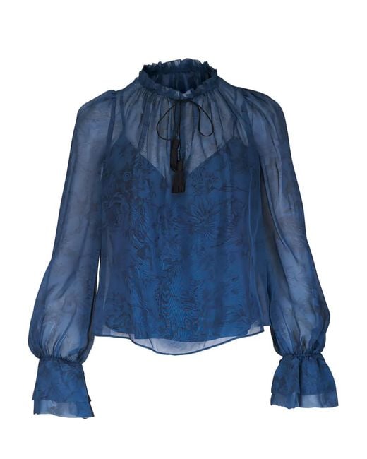 Veronica Beard Blue Maxime Ruffled-Neck Blouse