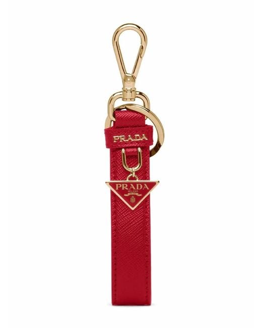 Prada Red Triangle-Logo Leather Keychain