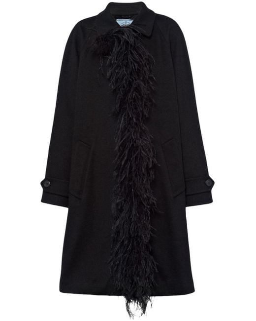 Manteau en cachemire bordé de plumes Prada en coloris Black
