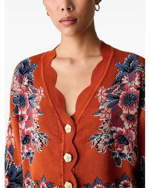 Farm Rio Red Floral-Intarsia Scallop-Edge Cardigan