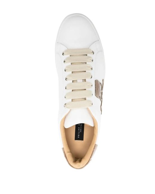 Philipp Plein White Skull-Patch Leather Sneakers