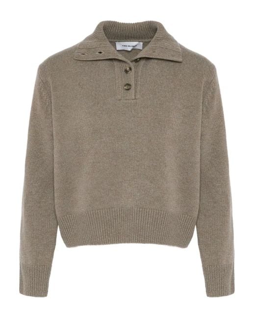 Yves Salomon Gray High-Neck Buttoned Sweater