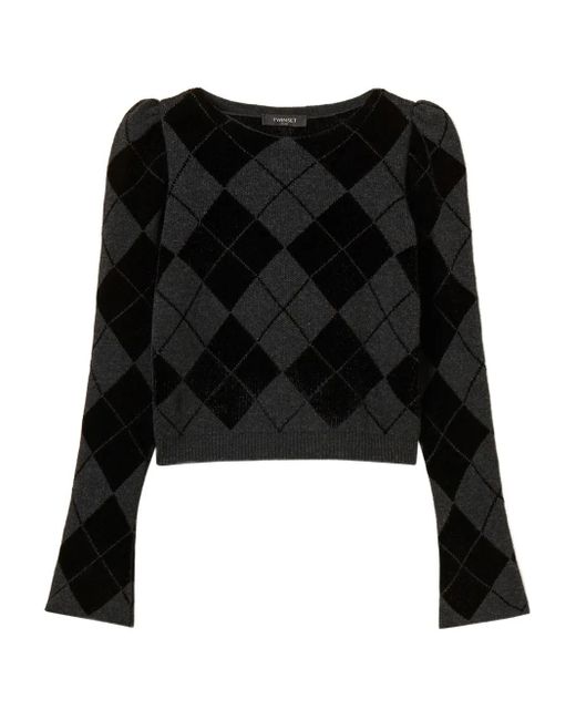 Twinset Black Puff-Sleeve Diamond-Pattern Jumper