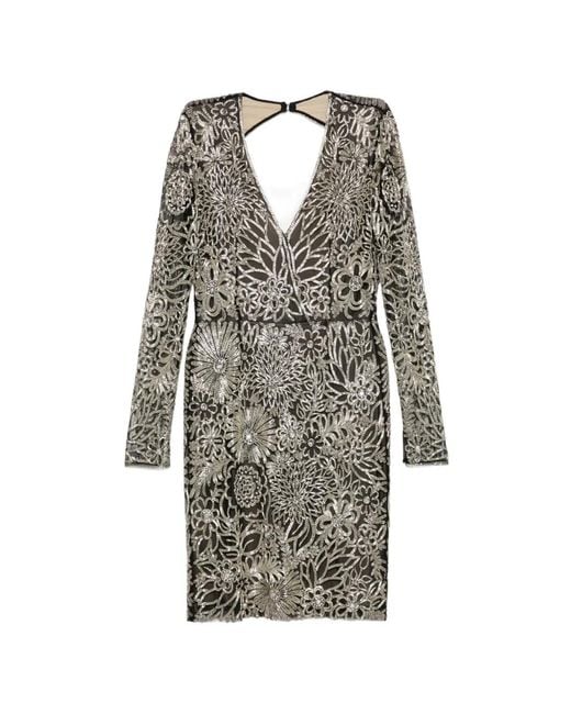 Naeem Khan Gray Floral-Beaded V-Neck Dress