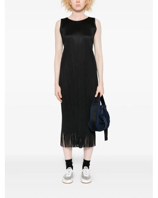 Pleats Please Issey Miyake Black Wave Pleated-Fringe Midi Dress