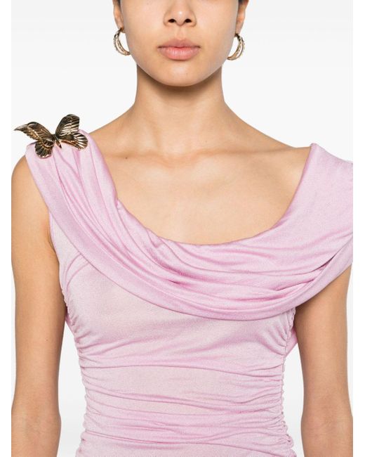 Blumarine Pink Butterfly-brooch Ruched Blouse